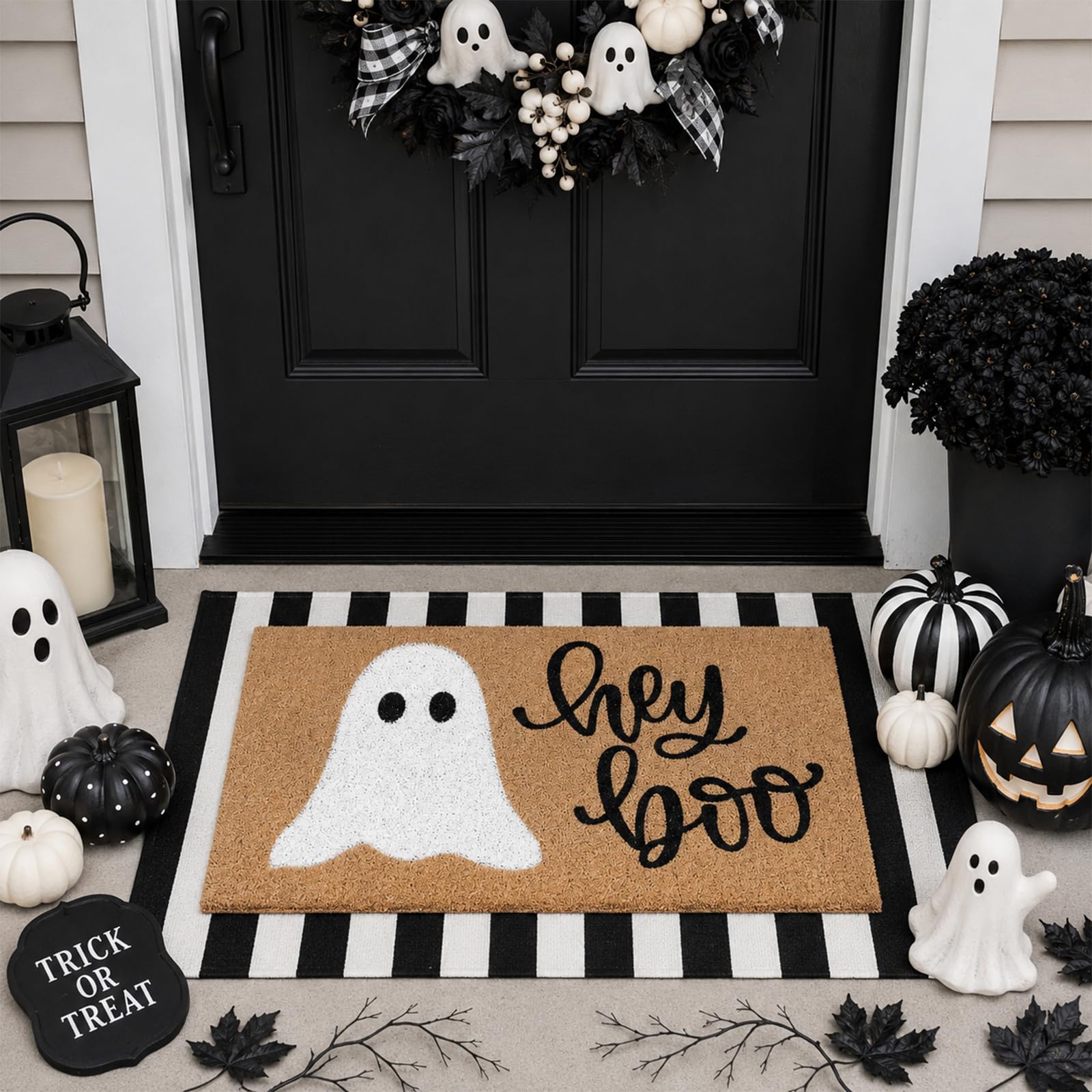 Tinideya front door set on porch showing festive welcome and curb appeal