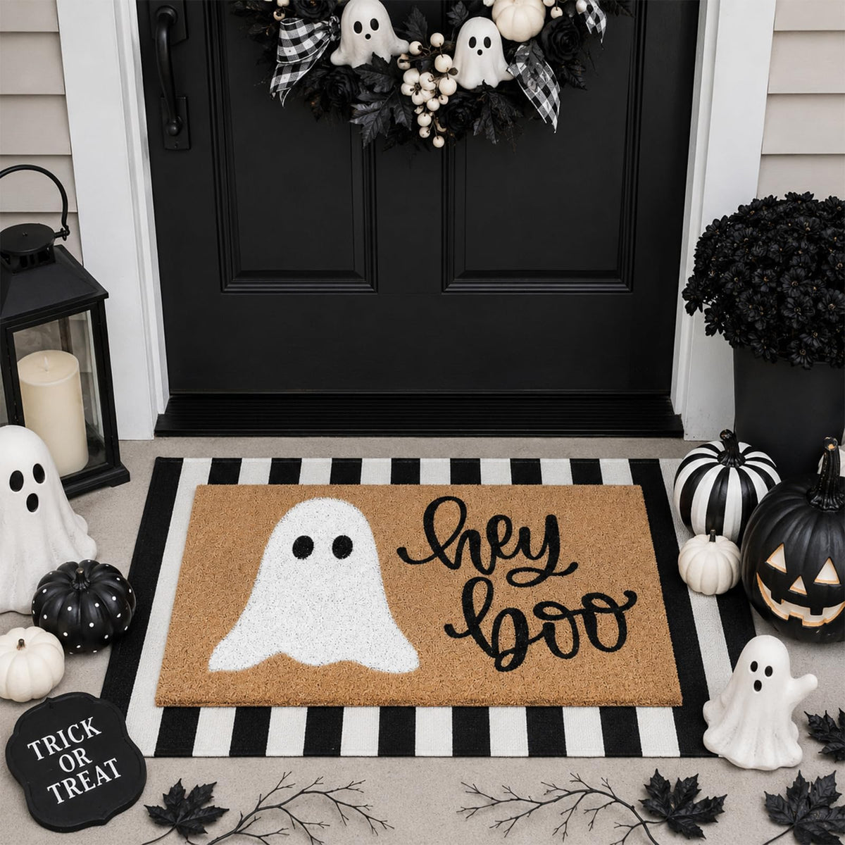 Tinideya front door set on porch showing festive welcome and curb appeal