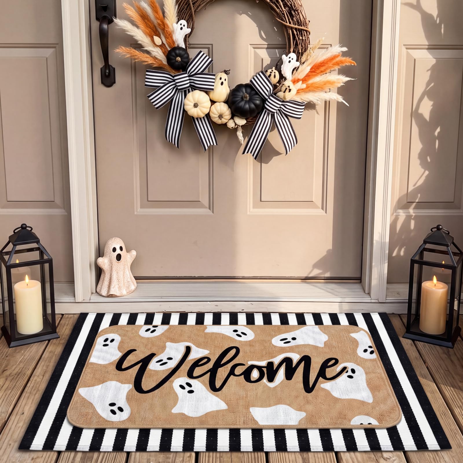 Tinideya front view of layered mats showing welcoming Halloween style
