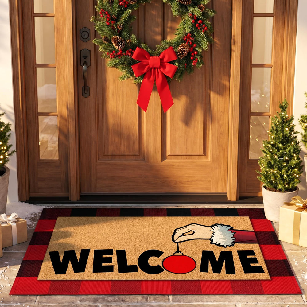 Tinideya front view of layered mats showing festive red and black welcome