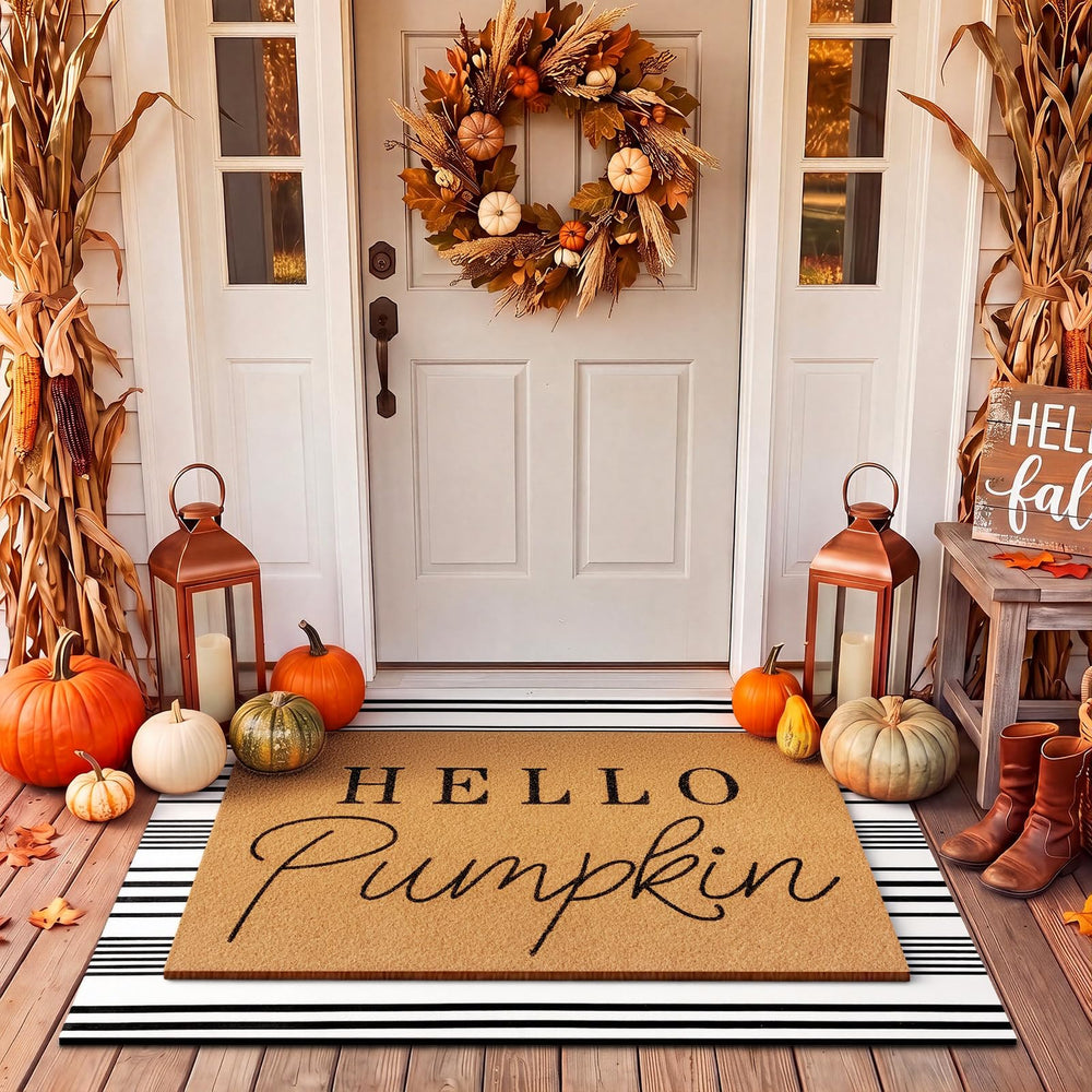 Tinideya front view of Hello Pumpkin mat showing warm welcome