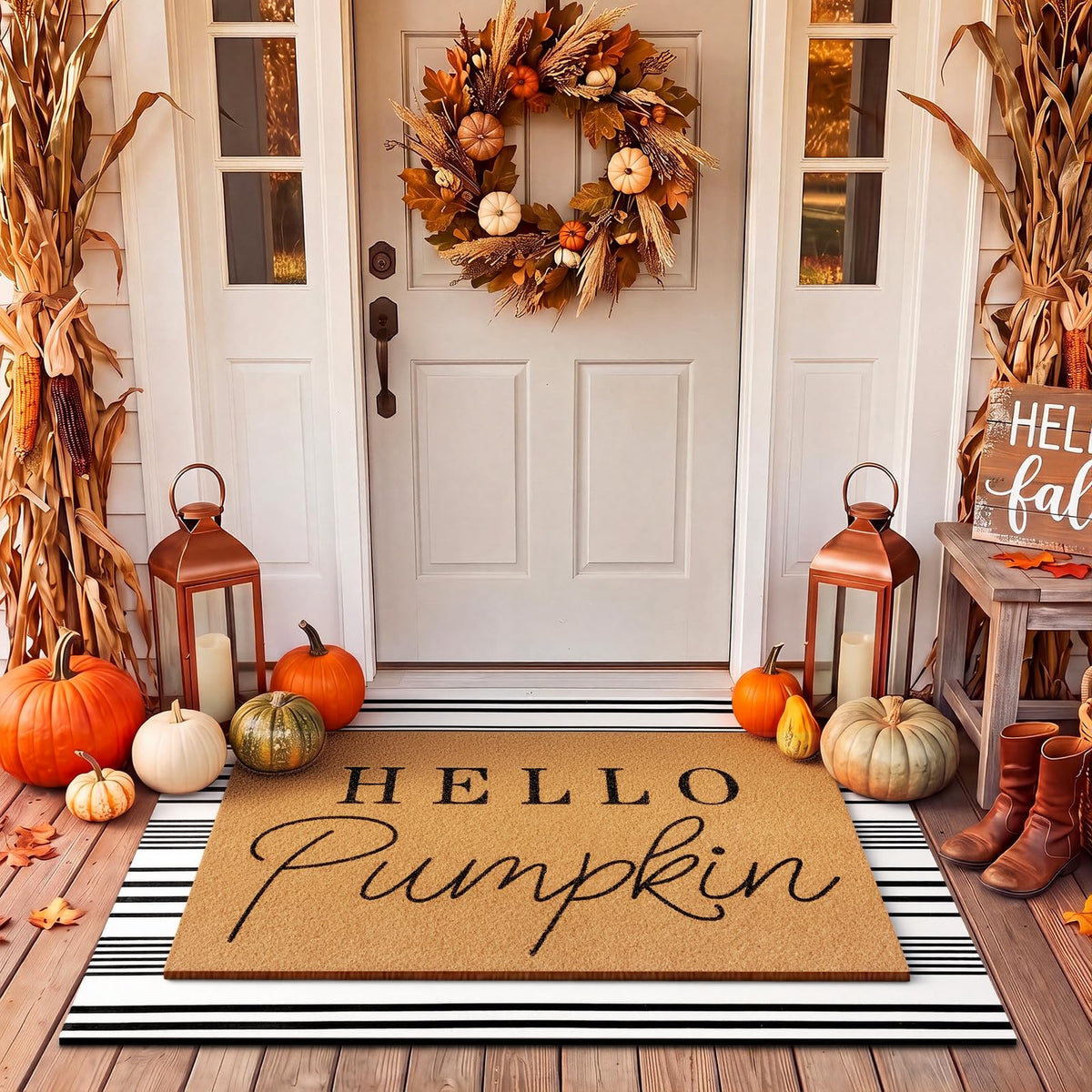 Tinideya front view of Hello Pumpkin mat showing warm welcome