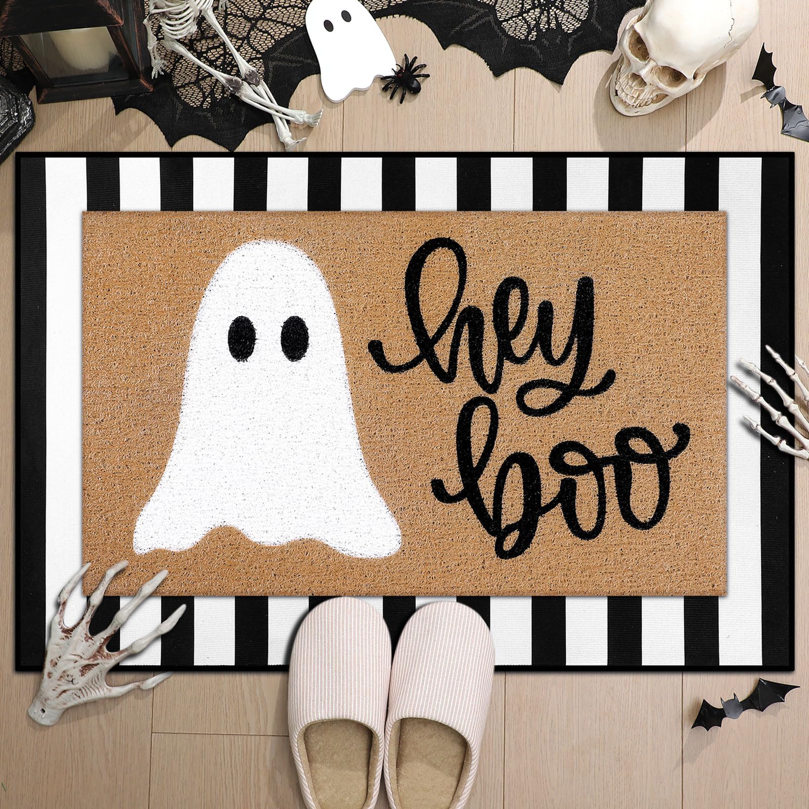 Tinideya mats on Halloween porch staged with pumpkins creating warm entry