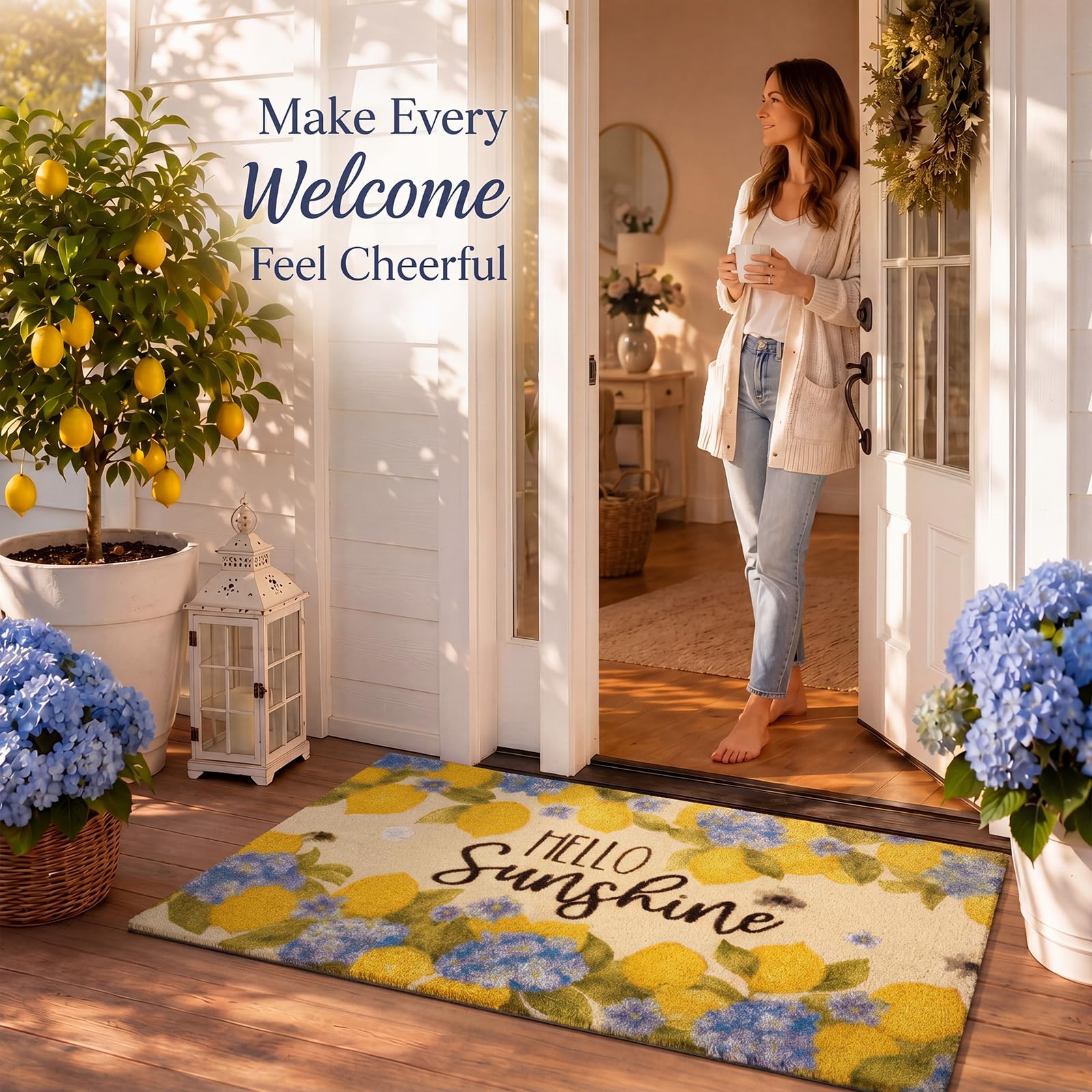 Tinideya mat in a summer porch setting creating cheerful seasonal curb appeal