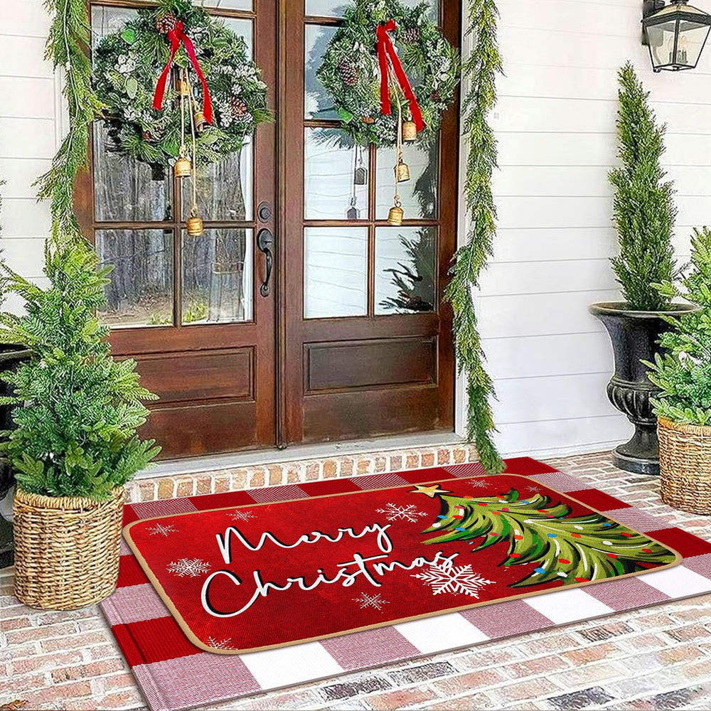 Tinideya red buffalo plaid rug flat lay, bold pattern adding cozy holiday style