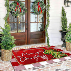 Tinideya red buffalo plaid rug flat lay, bold pattern adding cozy holiday style