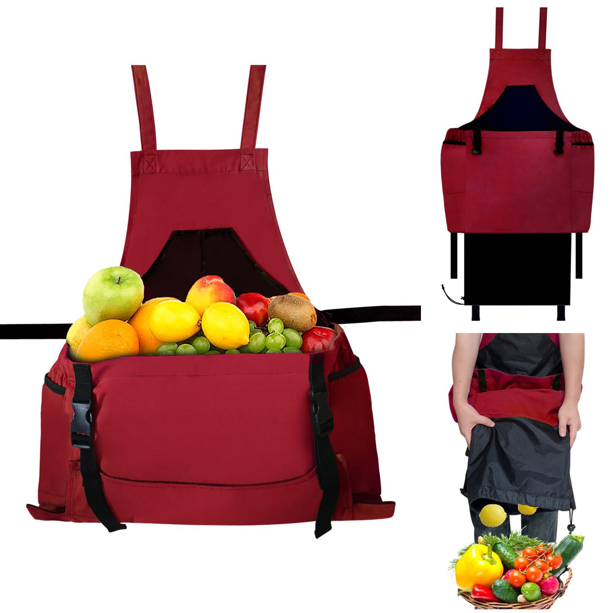 Tintsabo red apron front view showing full coverage and pockets for tidy harvests