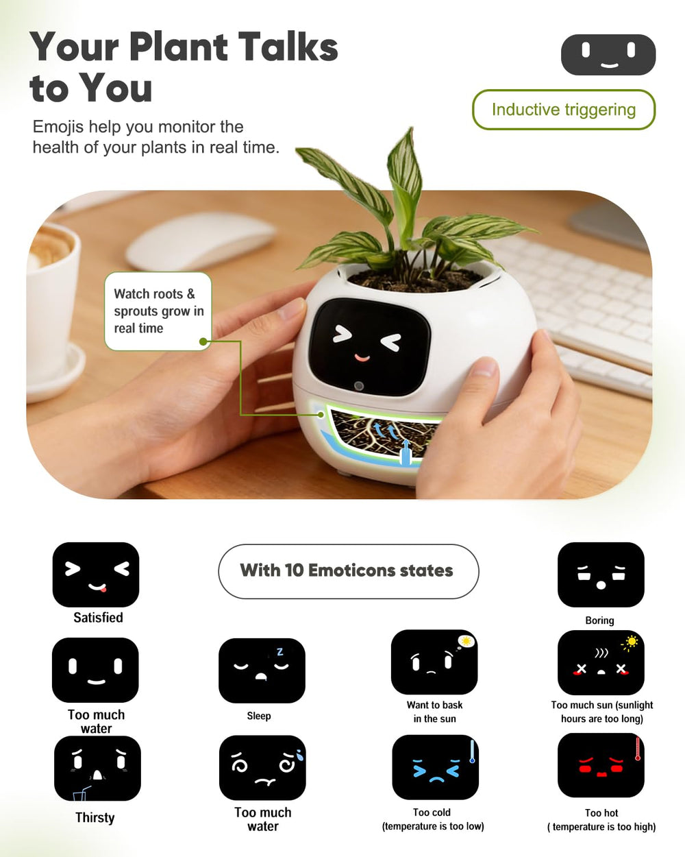 TinyShield touchscreen emoticons indicating mood and plant needs