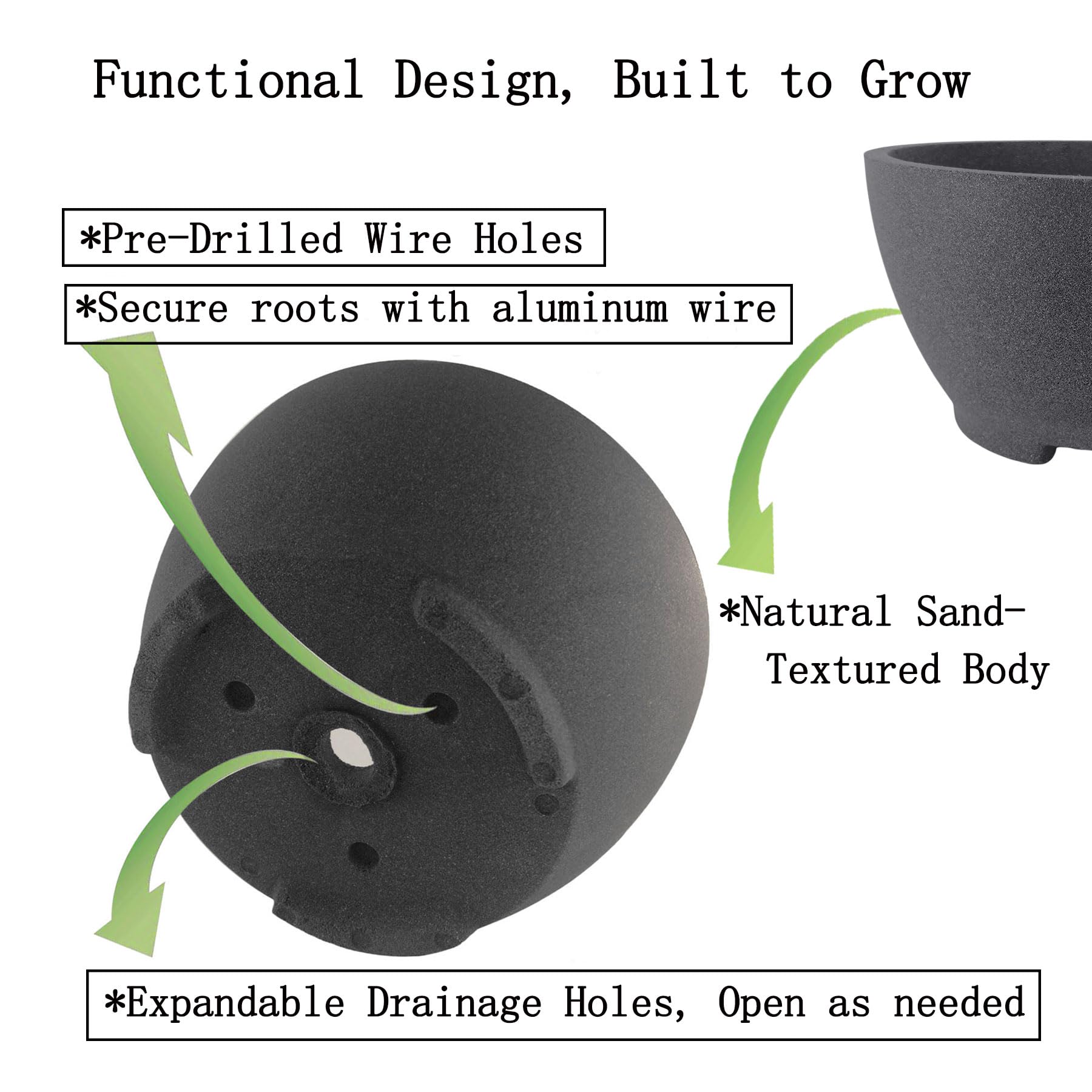 TINYVISTA top down view showing pot dimensions and recommended root size