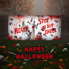 Tioncy banner installed at night creating a striking haunted entrance