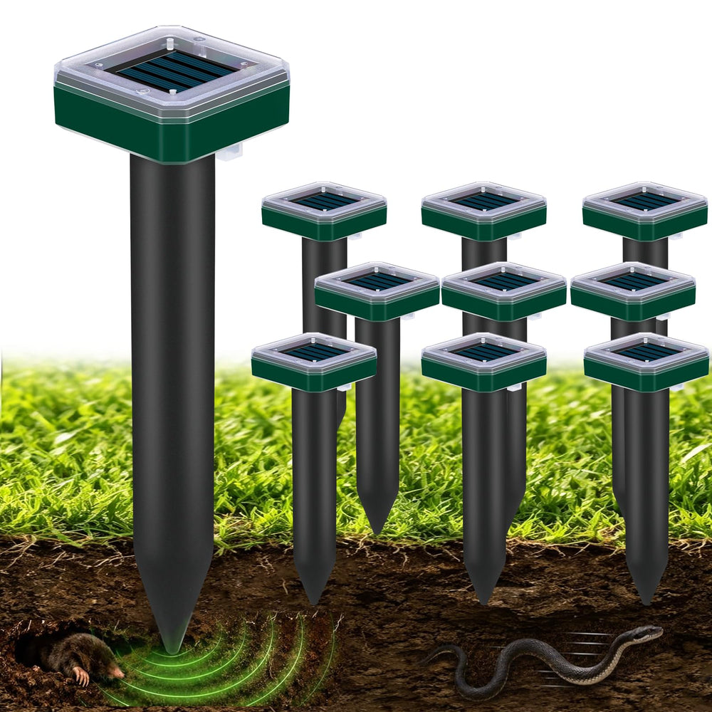 Tirgo front view of eight solar repellent stakes showing full kit protecting lawn