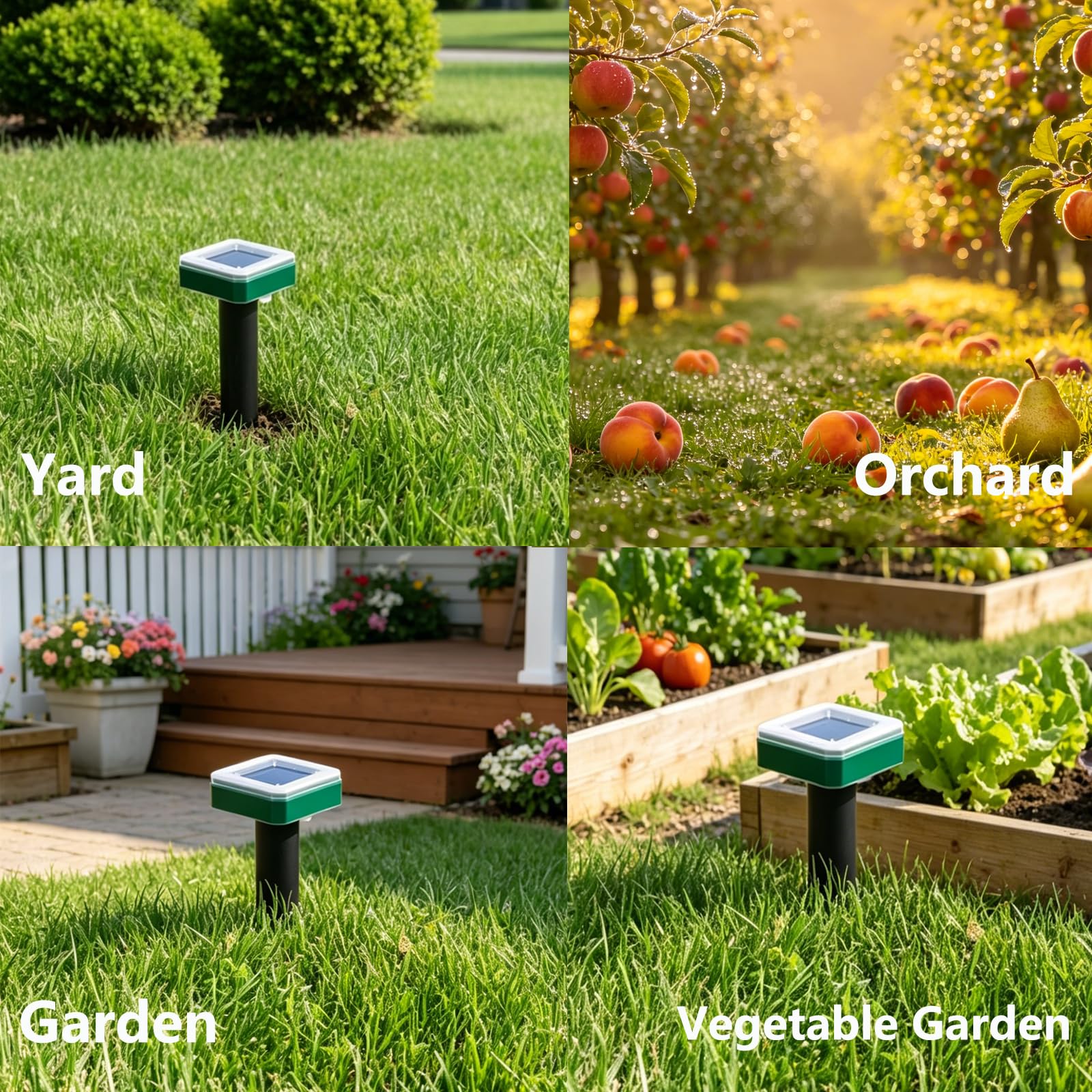 Tirgo stakes surrounding a garden bed demonstrating humane animal deterrence