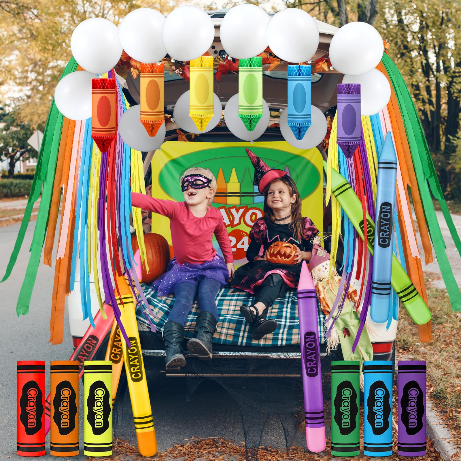 Tisancy party display trunk scene showing finished crayon theme for photo ops