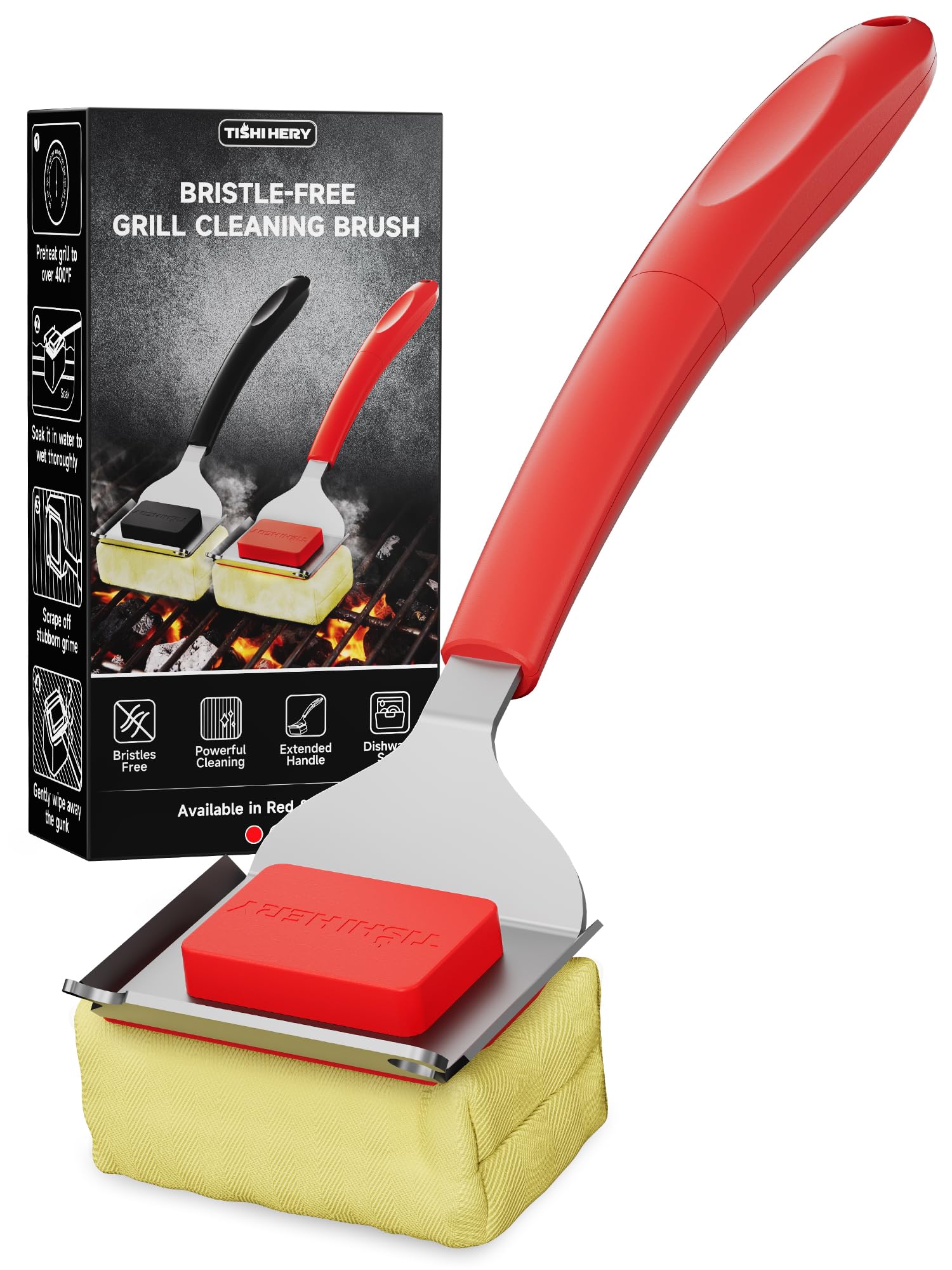 TISHI HERY front view showing red bristle-free brush, safer grill cleaning