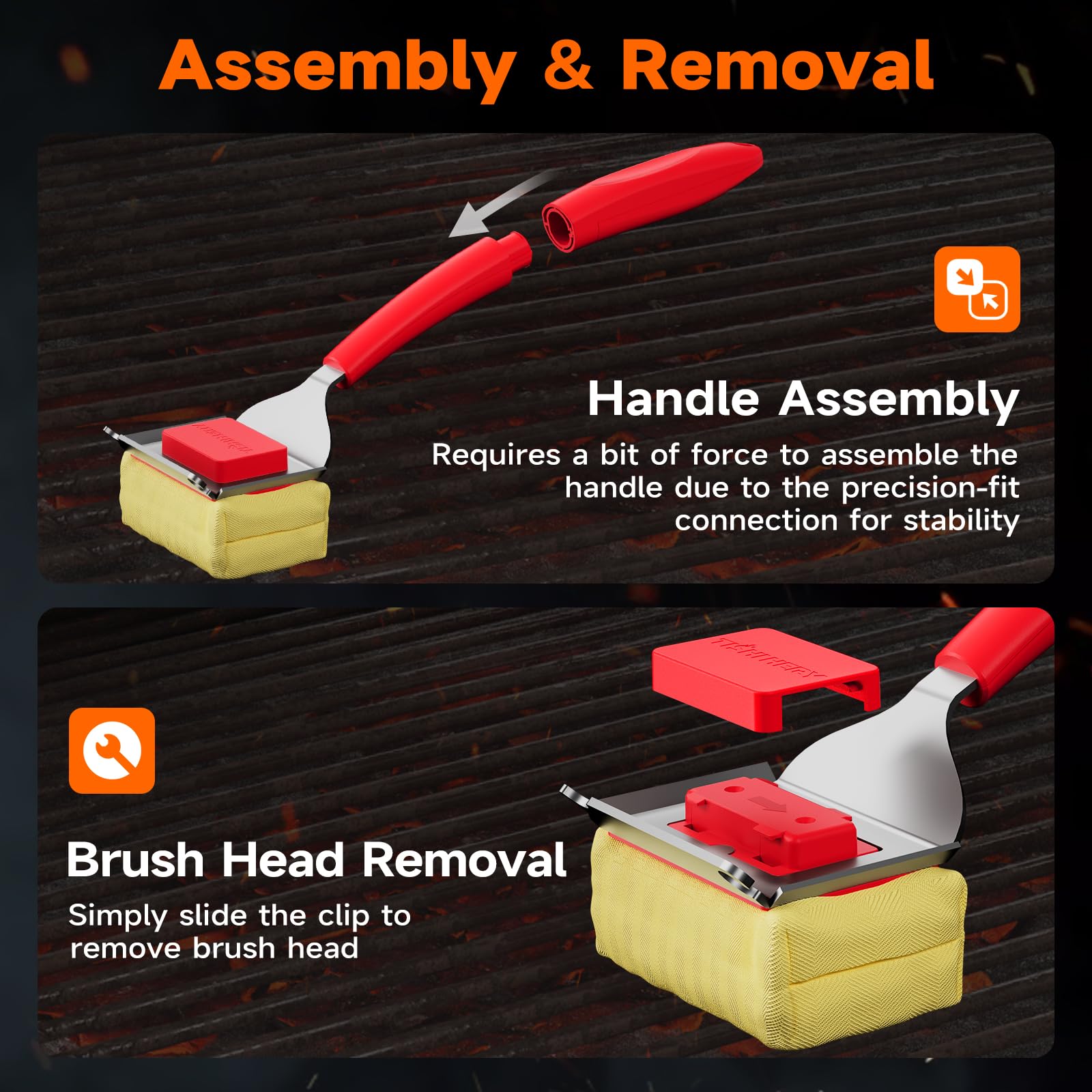 TISHI HERY brush next to spatula and tongs showing scale and portability