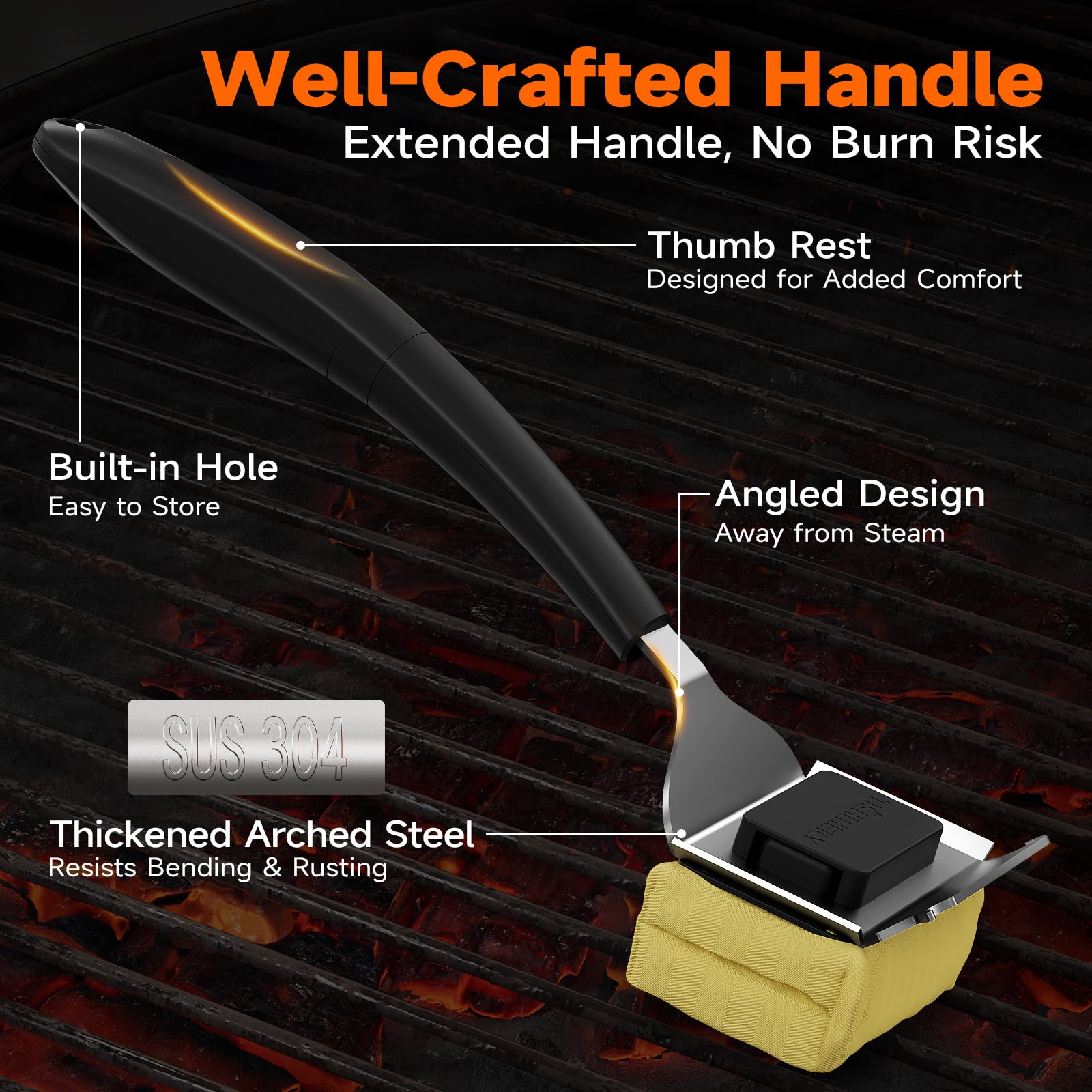 TISHI HERY brush producing steam on hot grill to loosen grease for easier scrubbing