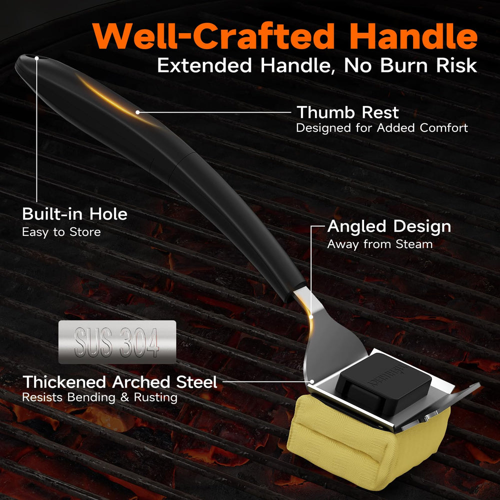 TISHI HERY brush producing steam on hot grill to loosen grease for easier scrubbing