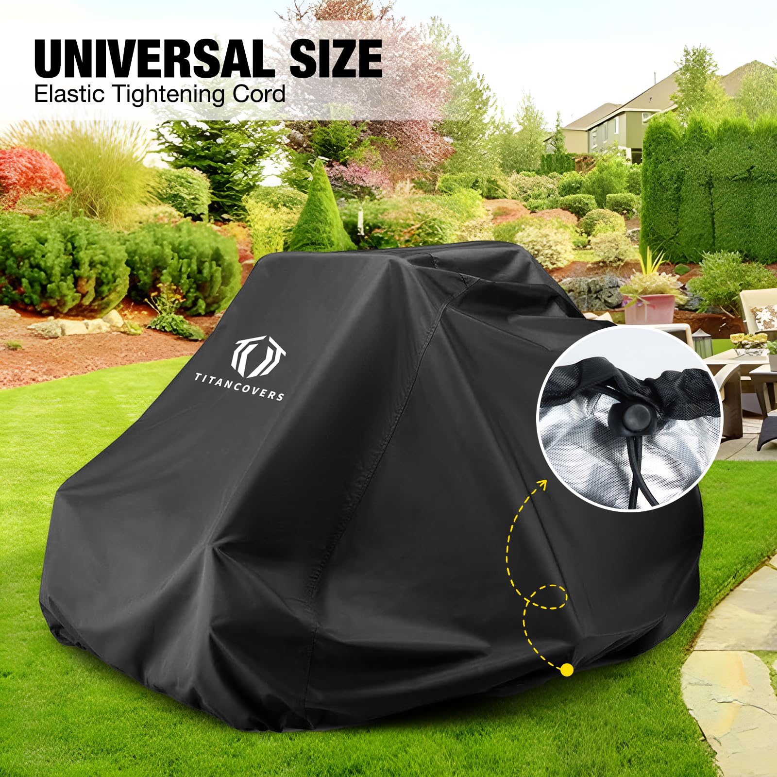 TITANCOVERS cover installed on mower outdoors protecting from rain and debris