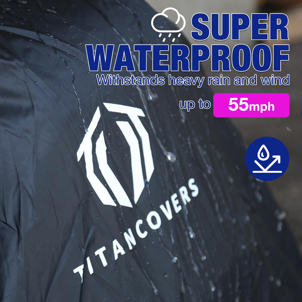 TITANCOVERS cover on mower showing scale and universal fit for popular brands