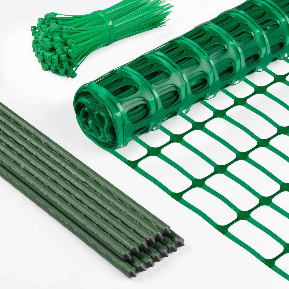 TITECK front packaging showing green temporary fence roll and included posts for quick setup