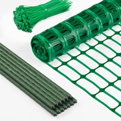 TITECK front packaging showing green temporary fence roll and included posts for quick setup