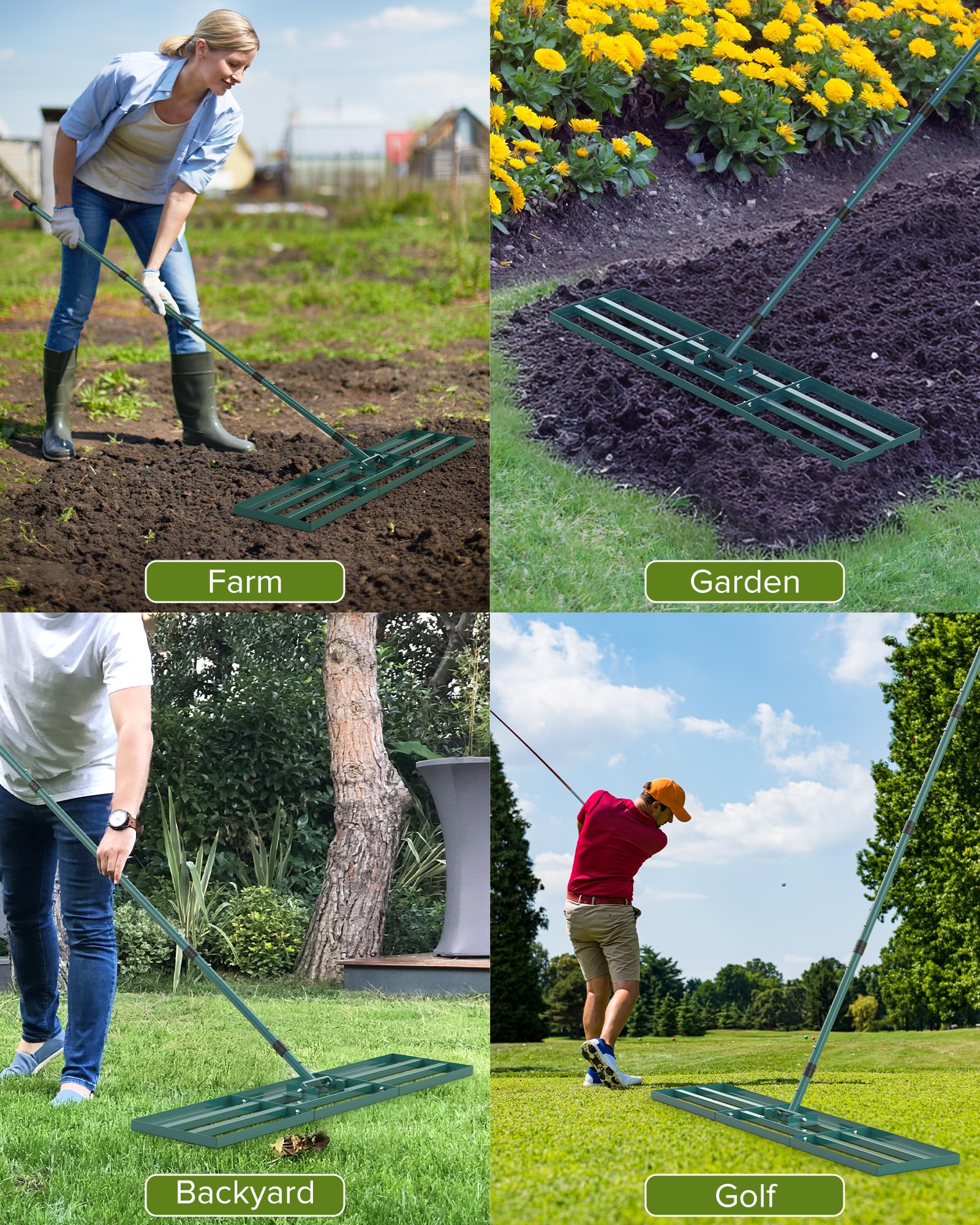 TITECK rake in use smoothing soil showing efficient leveling and professional finish