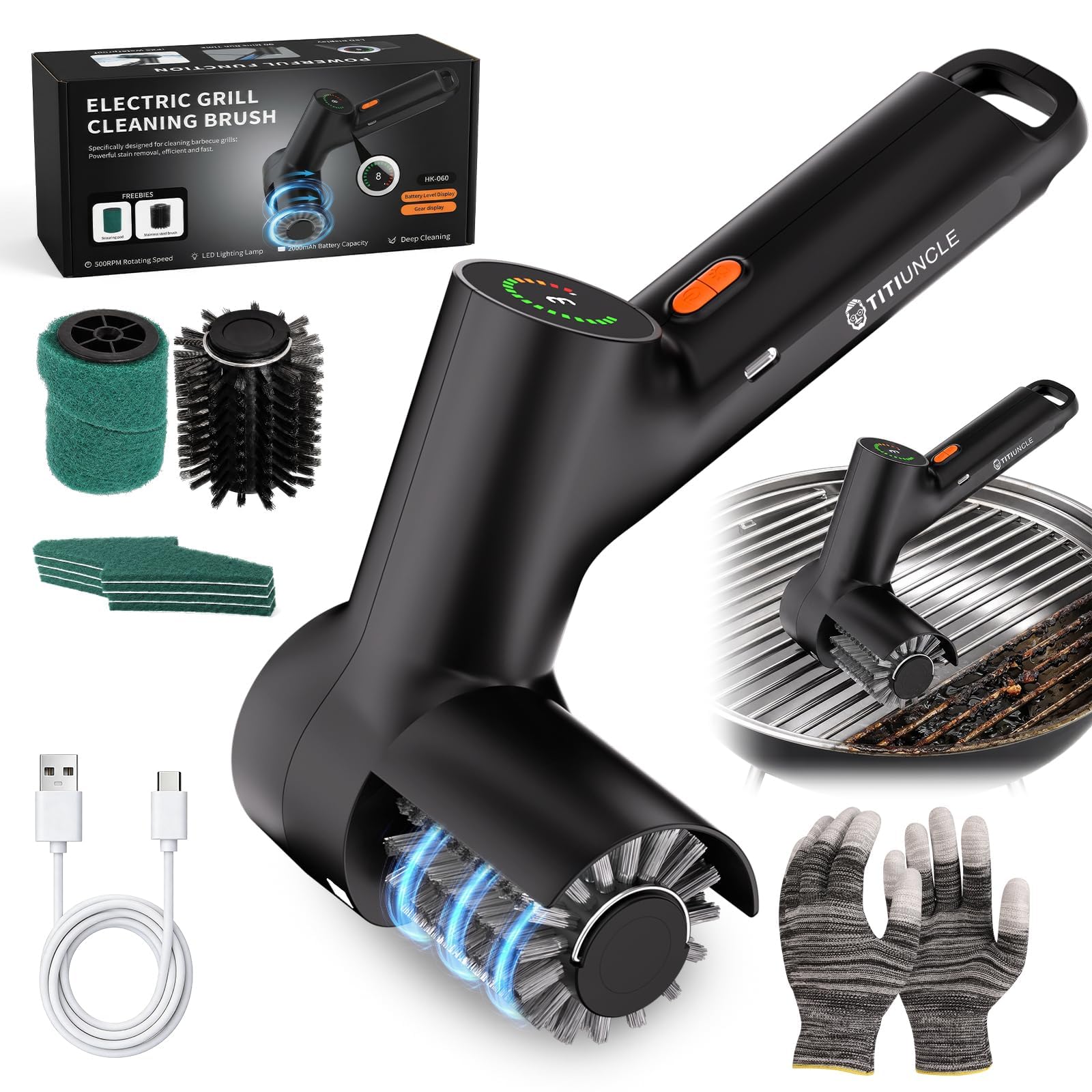 TITIUNCLE front view of electric grill cleaner showing ergonomic handle and guard, speeds up cleanup