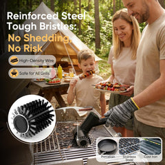 TITIUNCLE tool in use on warm grill producing steam-assisted cleaning, reduces scrubbing time