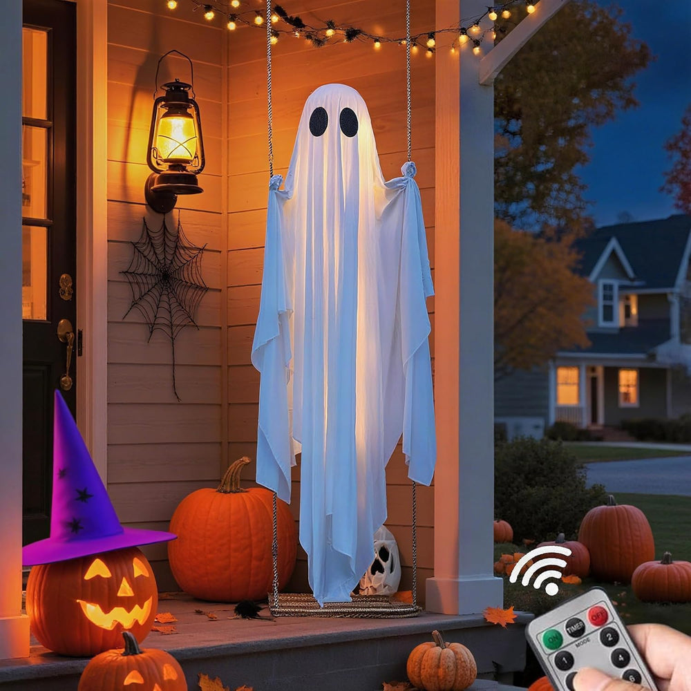 TitTees front view of 5ft hanging ghost showing large spooky silhouette and curb appeal