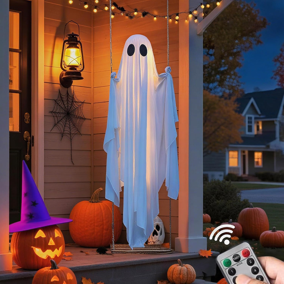TitTees front view of 5ft hanging ghost showing large spooky silhouette and curb appeal