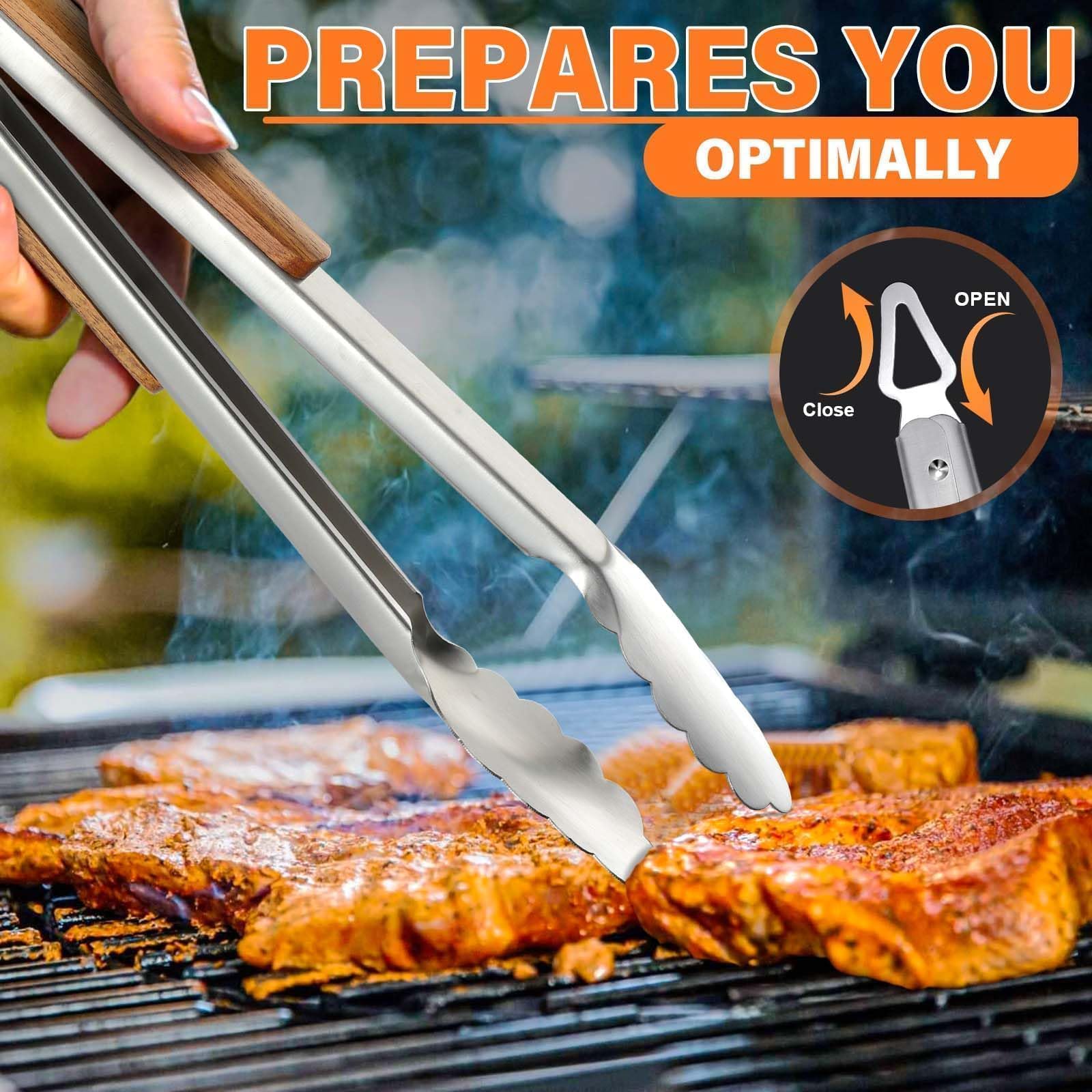 TIVOLI tools in use on a charcoal grill flipping a burger for precise control