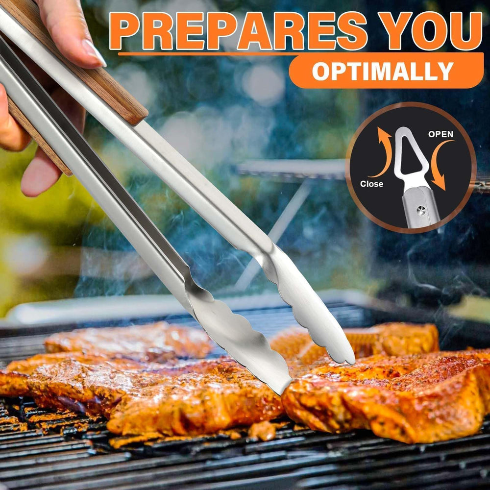 TIVOLI tools in use on a charcoal grill flipping a burger for precise control
