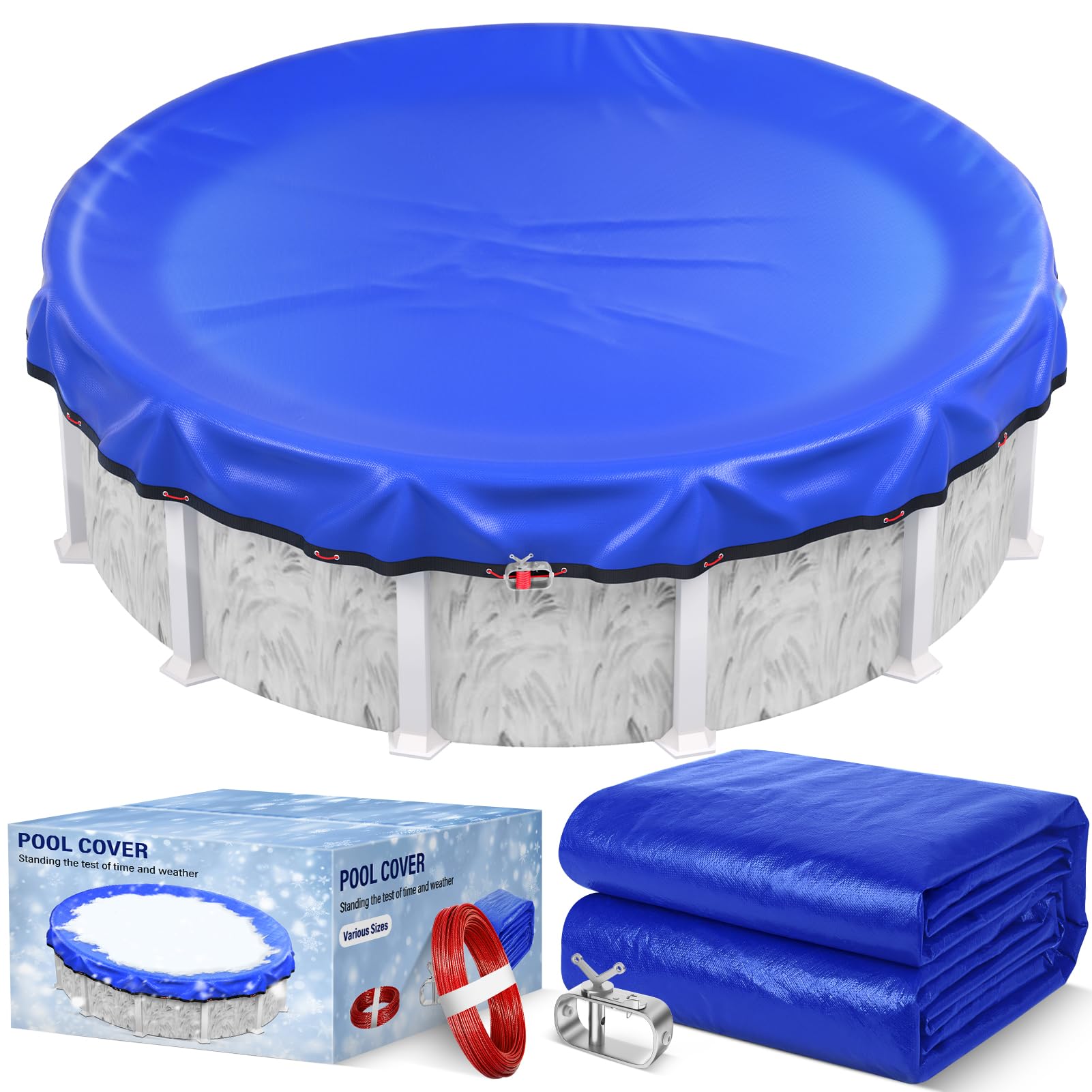 TIXANF 18FT front view of folded blue winter pool cover showing durable fabric benefits
