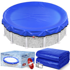 TIXANF front view of 28ft winter pool cover showing full-size packaging and features
