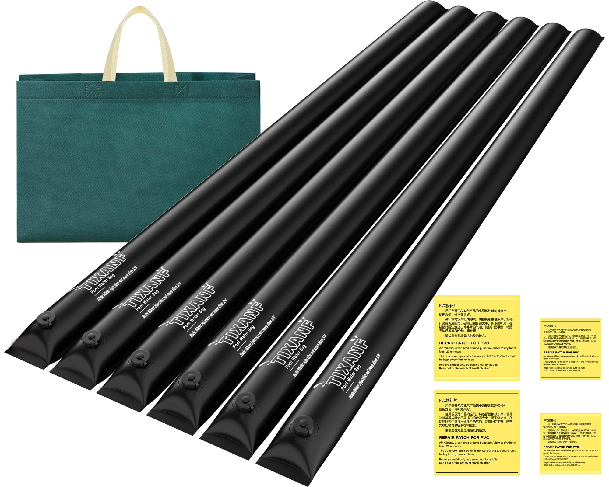 TIXANF front view of six 10 ft water bags showing package and label benefits