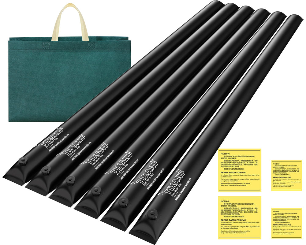 TIXANF front view of six 10 ft water bags showing package and label benefits