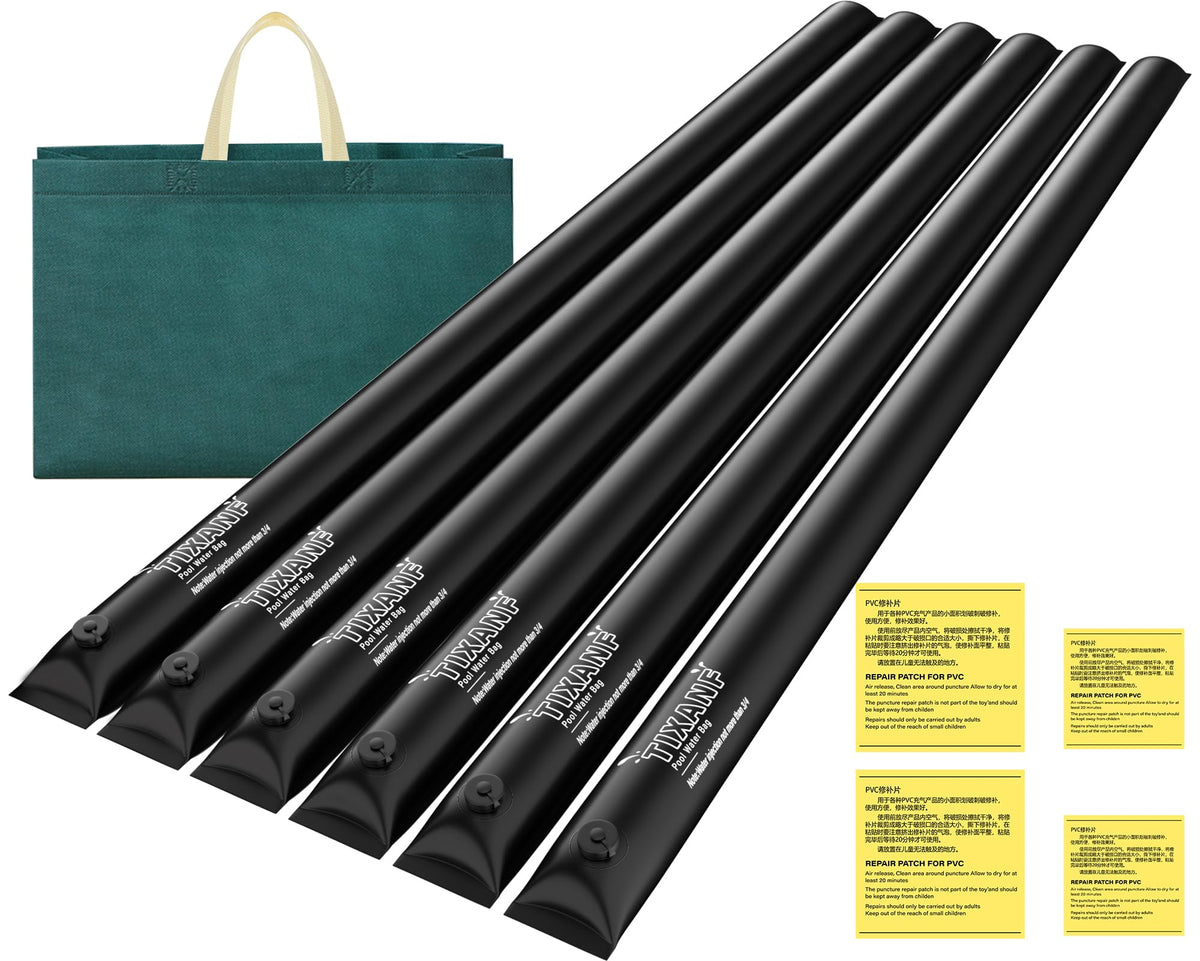 TIXANF front view of six 10 ft water bags showing package and label benefits