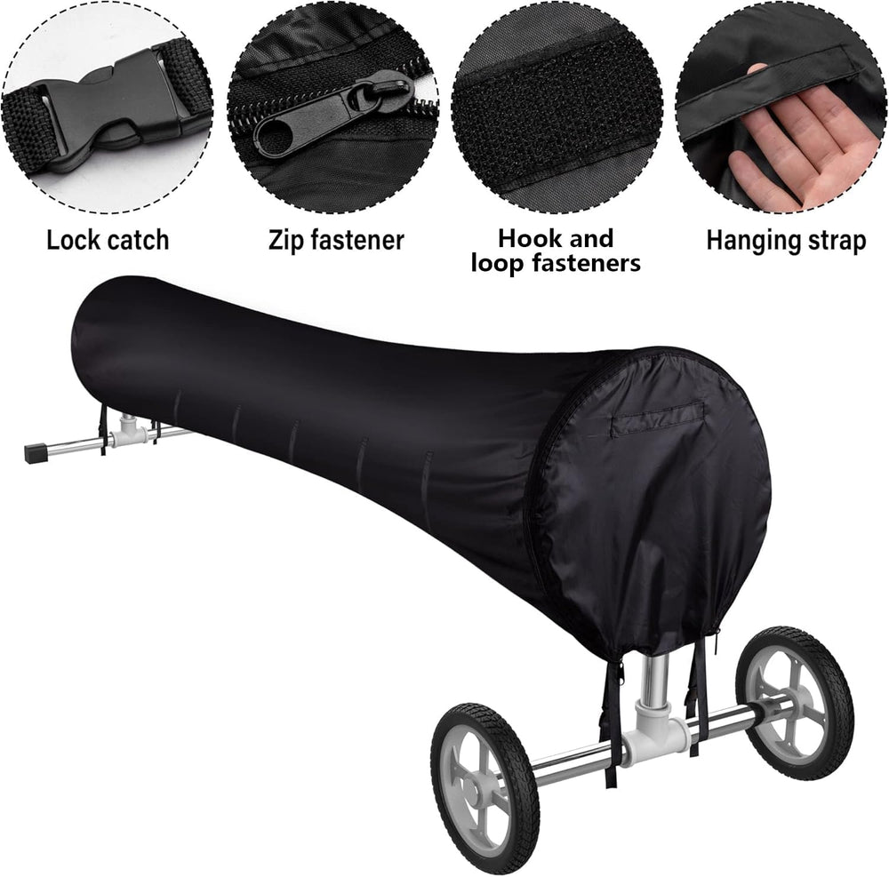 Tlswshsy reel cover in use on backyard pool reel, keeps blanket clean and dry