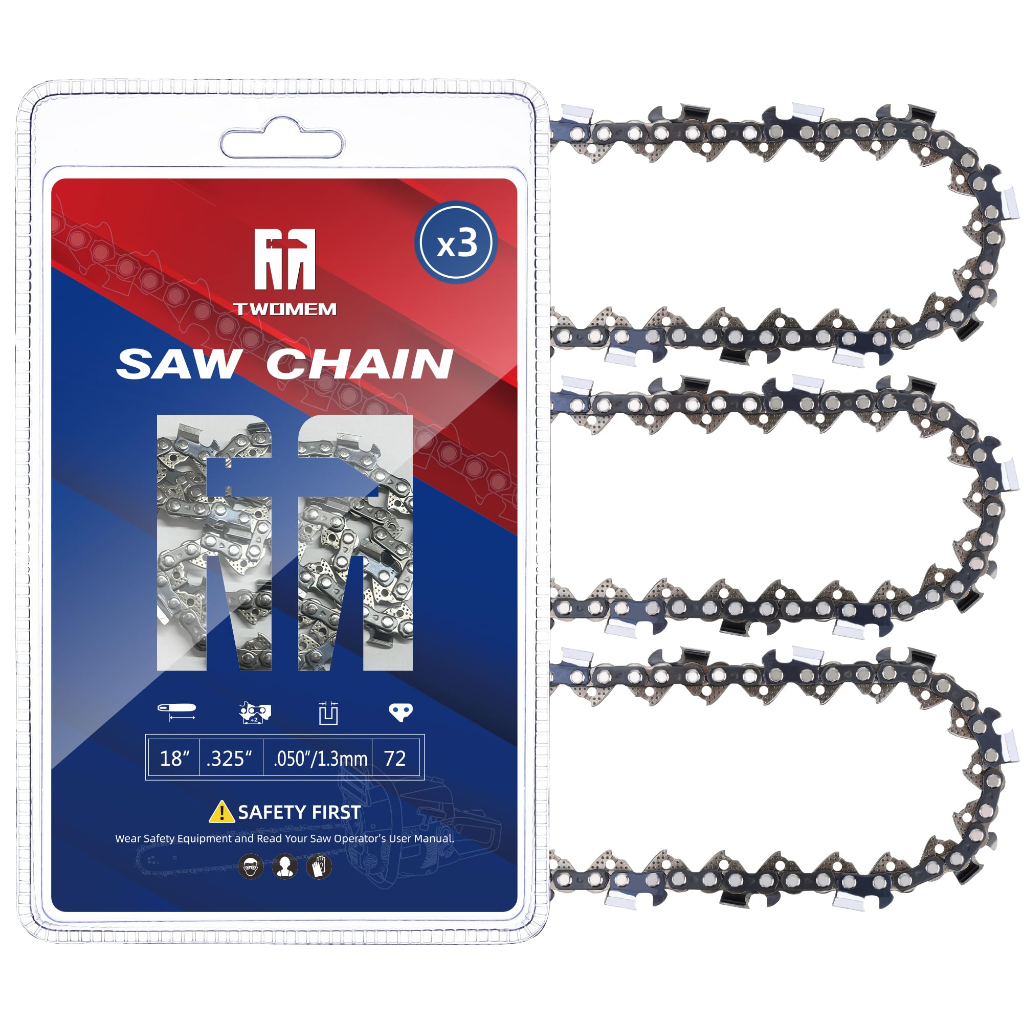 TM TWOMEM front view of 18 inch chainsaw chain three-pack, ready replacement