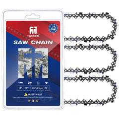 TM TWOMEM front view of 18 inch chainsaw chain three-pack, ready replacement