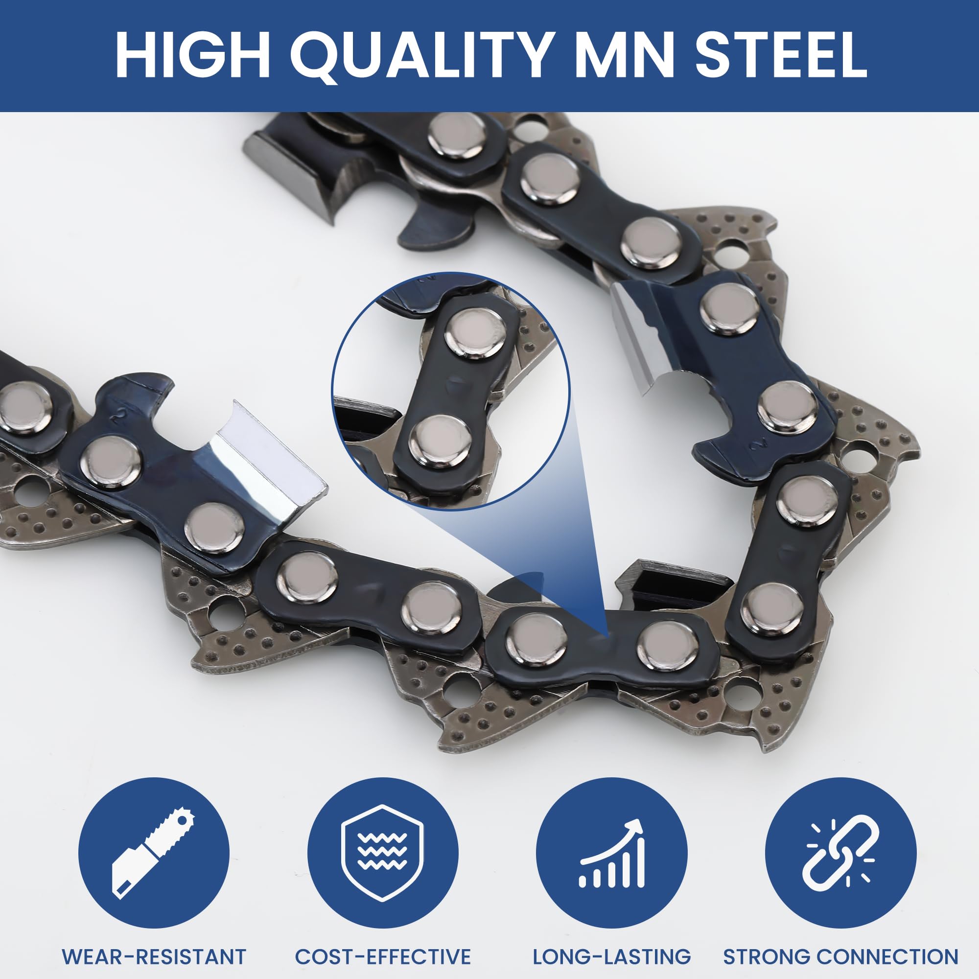 TM TWOMEM three chains stacked next to ruler to show scale and spares