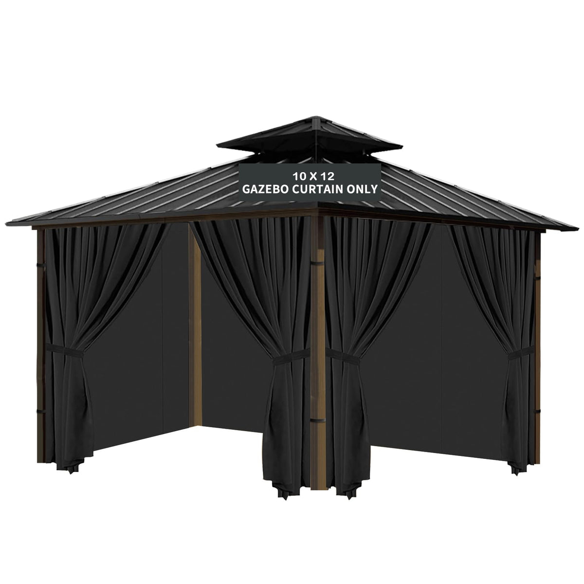 Tngan front view of packaged four-panel gazebo curtains showing neat folds and black finish for neat storage