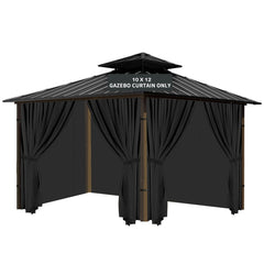 Tngan front view of packaged four-panel gazebo curtains showing neat folds and black finish for neat storage