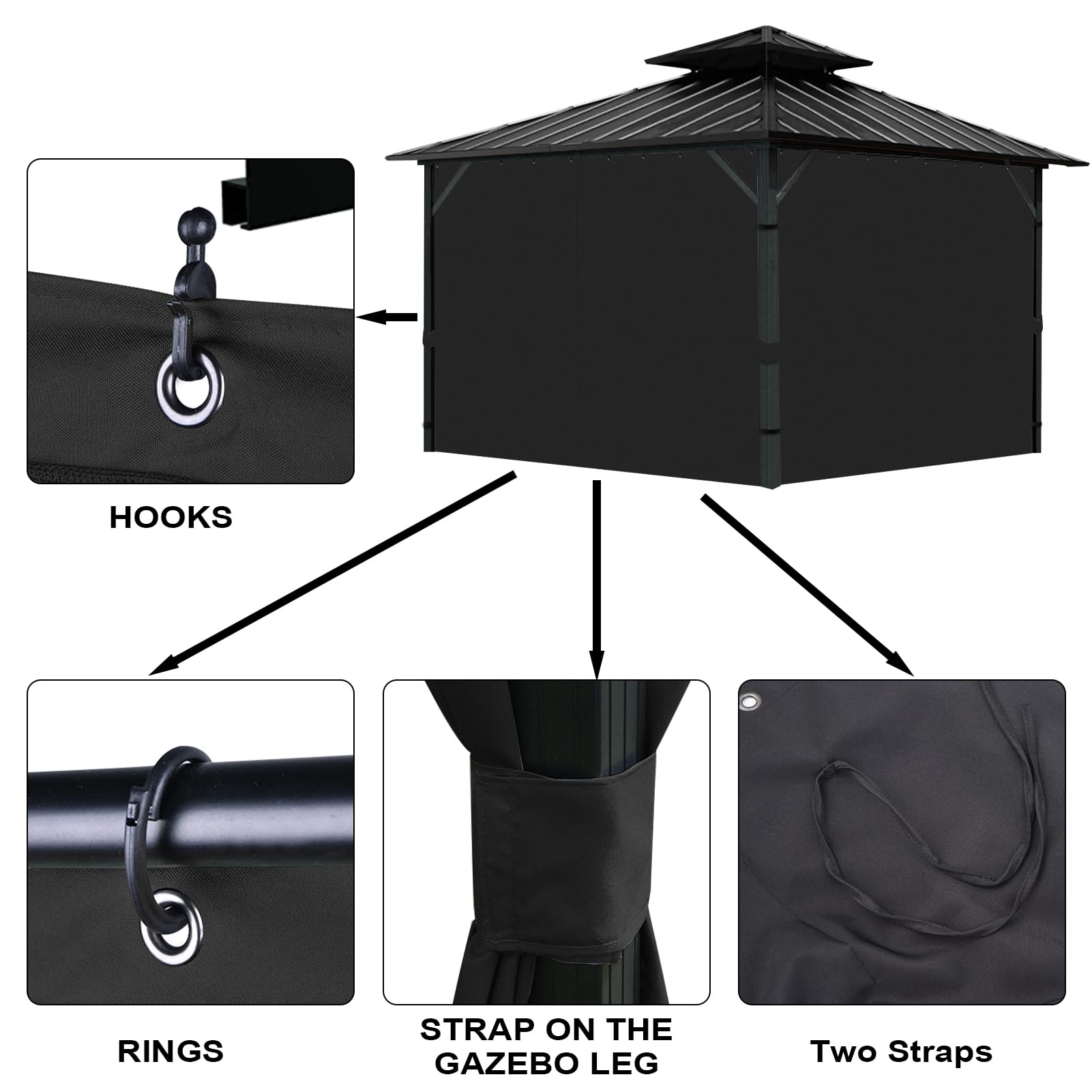 Tngan hooks and rings hardware laid out to show included attachment pieces for easy installation