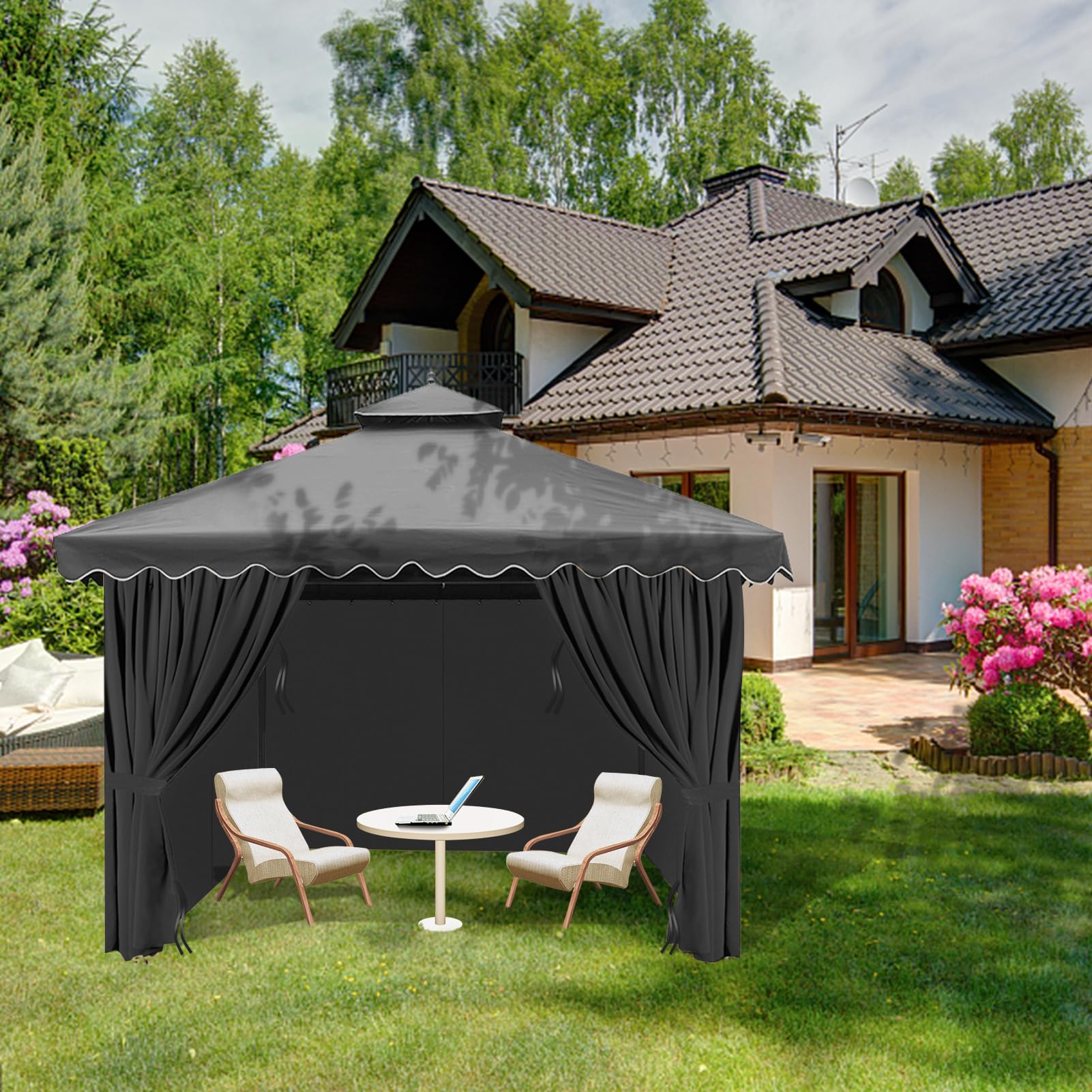 Tngan size comparison with chair illustrating panel height and scale for proper gazebo fit