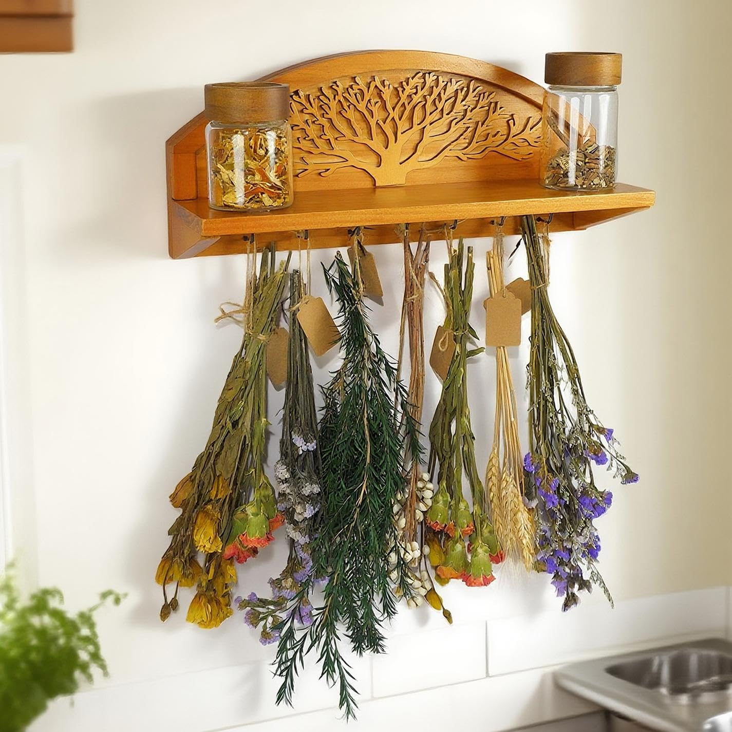 Tnstbiee front view of tree design rack displaying jars and hooks for organized storage