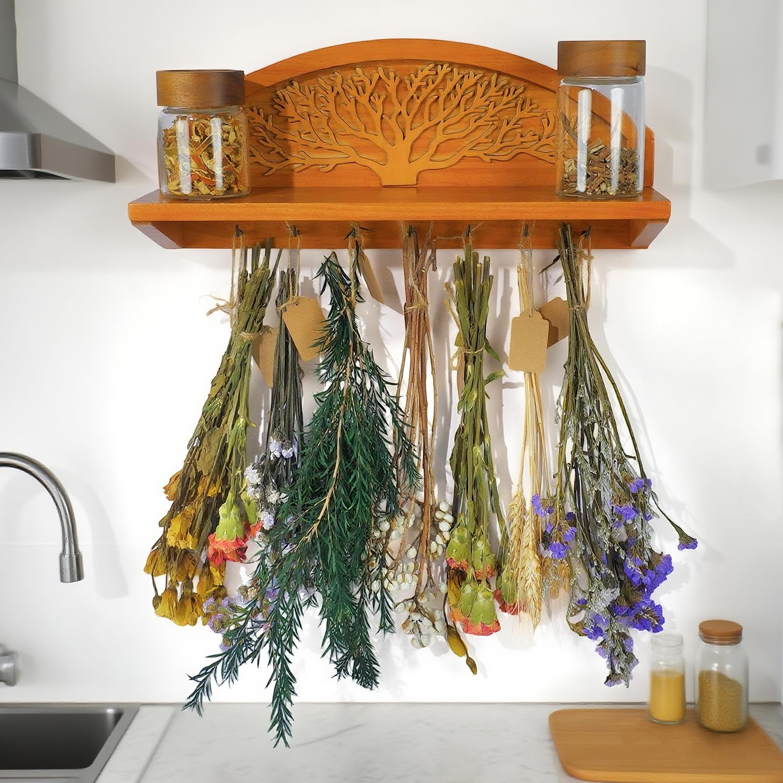 Tnstbiee top shelf holding spice jars and succulents for easy access and decor