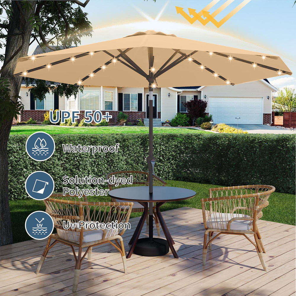 Tobeos umbrella in patio setting providing shaded dining comfort