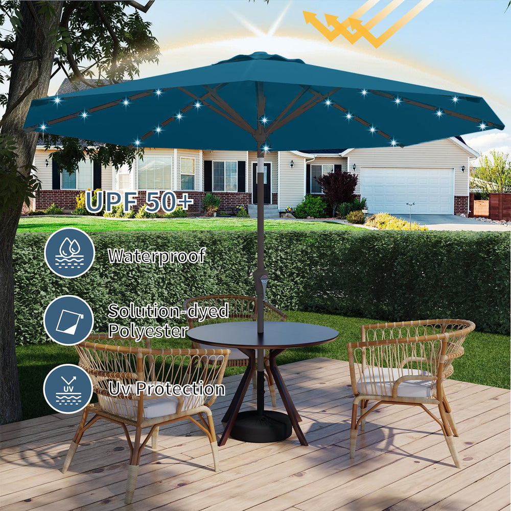 Tobeos umbrella beside dining table showing coverage for four to six people