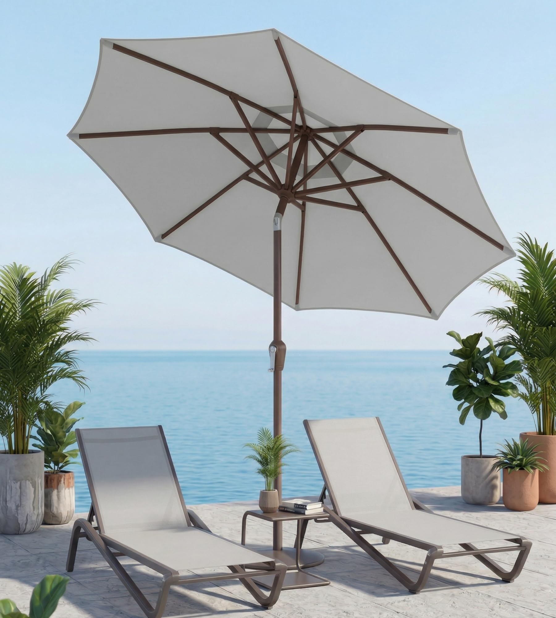 Tobeos poolside lifestyle image showing comfortable shaded lounging
